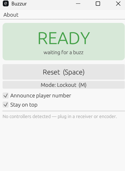 The Buzzur app window: a green READY banner reading 'waiting for a buzz', a Reset (Space) button, a Mode: Lockout (M) button, and checkboxes for announcing the player number and staying on top.
